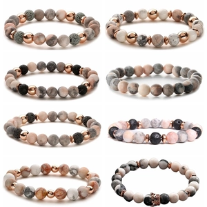 Pink Zebra Jasper Natural Stone Beaded Bracelet Lava Rock Essential Oil Diffuser Alloy Crown Charm Elastic Yoga Bangle