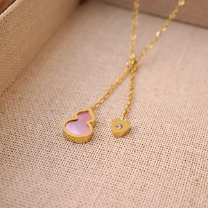 18k gold plated gourd necklace with pink shell inlay and heart charm pendant