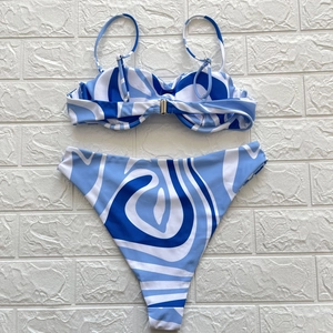 Detail of blue vortex print bikini set with underwire cups and high cut bottom