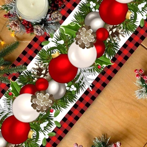 Christmas table runner with red baubles, pine cones and black-red buffalo plaid border