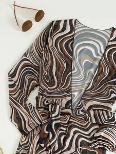 Sheer mesh cover-up dress featuring wave patterns, long sleeves and waist tie for beachwear