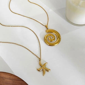 18k gold plated stainless steel necklaces with starfish and seashell spiral pendants