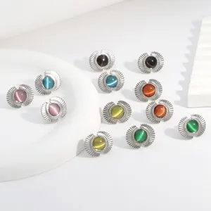 Colorful fan-shaped cat eye stone earrings with vintage silver pleated metal trim