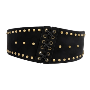 Fashionable black corset belt with gold studs and lace-up design for coats