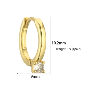 Detail view of 18K gold hoop earrings with 4-prong zircon and 10.2mm size specs