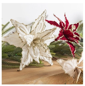 Close-up of 26cm velvet poinsettia flowers with gold glitter edges for Christmas tree decor