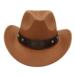 Detail of brown wool felt cowboy hat featuring turquoise studs and a bronze star buckle