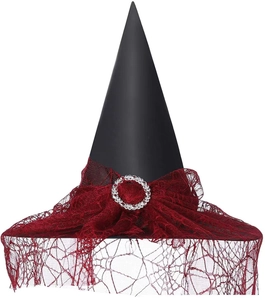Detail of black wizard hat with dark red spiderweb lace and silver rhinestone buckle