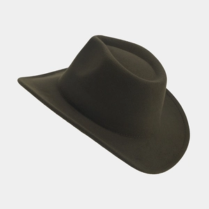 Close-up of a dark brown felt cowboy hat with wide brim and detailed stitching for autumn