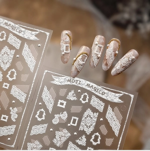 5D embossed white lace nail stickers with vintage patterns and 3D relief texture