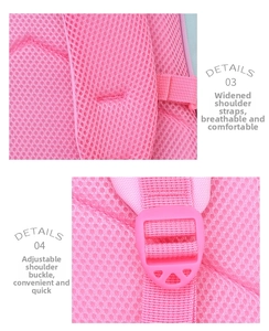 Close-up of breathable honeycomb mesh back padding and wide adjustable straps on pink backpack