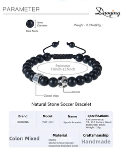 Pulsera de fútbol ajustable con piedras de ónix mate y detalle de dije de cruz metálica