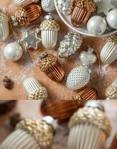 Detail of Christmas tree ornaments with bronze and cream glitter textures in a snowy setting