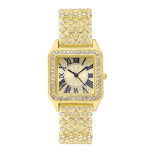 Luxury gold square watch for women with sparkling rhinestones and blue Roman numerals