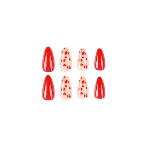 Glossy red and nude almond press-on nails with heart patterns for Valentine's Day