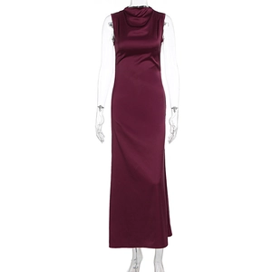 Detailed view of burgundy satin sleeveless dress with chic high neck and silk-like drape