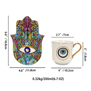 Detailed size chart for Hamsa plate and Evil Eye ceramic coffee mug set dimensions