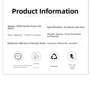 Size and specification chart for long matte press-on nails including 24 pieces set details