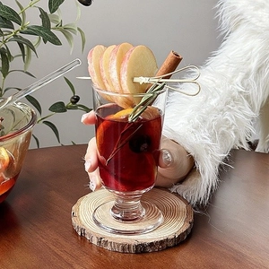 Elegant Christmas mulled wine glass with apple and cinnamon garnish in warm setting