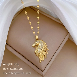 Detailed specs of horse pendant necklace with crystal inlay including 5.8g weight and size