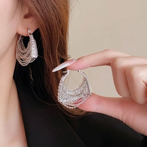 Elegant silver tassel chain drop earrings with white zircons for women's fashion