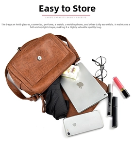 Brown faux leather shoulder bag interior capacity showing tablet, phone and makeup
