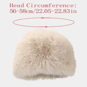 Detail of warm faux rabbit fur bucket hat in beige with 56-58cm head size text