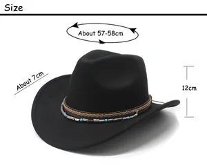 Size chart showing Western cowboy wool hat dimensions: 57-58cm head, 7cm brim, 12cm height