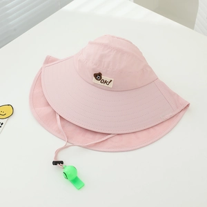 Detailed view of pink breathable mesh kids sun hat with bear patch and green whistle