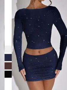 Women Y2K Sexy Top And Bottom Polyester Spandex Rhinestone Sequin Long Sleeve Crop Top And Mini Skirt Party Clubwear Outfit