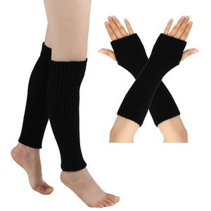 Detail showing ribbed knit texture of black leg warmers and arm sleeves set