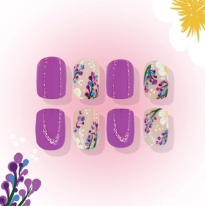 Short square press-on nails with purple lavender floral art and textured matte finish