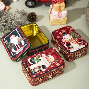 Christmas tin box with Santa Claus and snowman motifs for gift packaging and storage