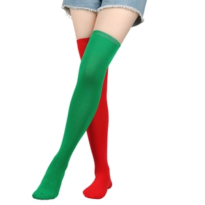 Festive red and green over-the-knee Christmas socks in high-elastic cotton knit style