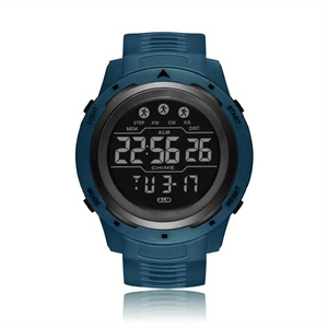 Detail view of teal digital sports watch with pedometer and alarm icons on LCD screen