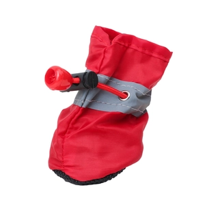 Reflective waterproof dog boots with non-slip soles and adjustable drawstring in red