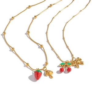 Chic 18K gold plated stainless steel necklace with strawberry and cherry pendants