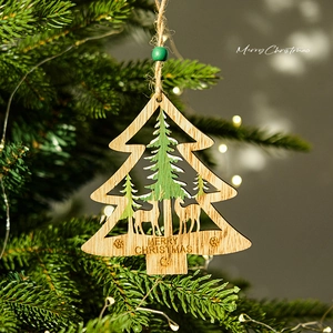 Christmas Wooden Ornaments Hollow Laser Cut Reindeer Pine Tree Hanging Pendant For Holiday Party Tree Decor Rustic Wood