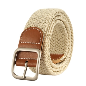 Cintura elastica intrecciata beige con finiture in pelle marrone e fibbia opaca