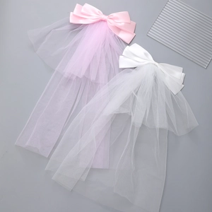 Bowknot Hair Clip With Tulle Veil Satin Ribbon Spring Clip For Wedding Bridal Party Elegant Fairy Hair Accessories Women