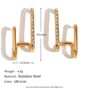 18K gold plated stainless steel J-shaped earrings with vertical white zircon stones