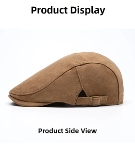 Close-up of brown suede retro beret hat featuring an adjustable metal side buckle