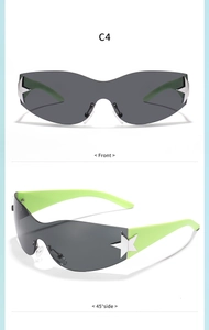 Front and 45-degree side view of oversized fluorescent green kids sunglasses with star hinges