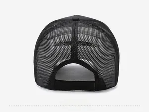 Detail view of the breathable mesh structure and adjustable back strap of a black baseball cap