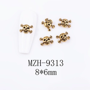 Detailed view of 3D retro gold skull nail art charms with 8x6mm size measurement