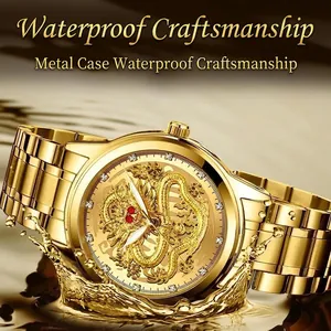 Waterproof gold men's watch featuring an intricate golden dragon relief on the dial