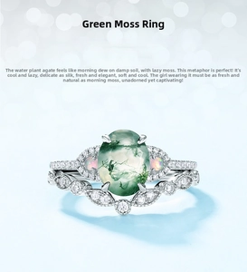 Close-up of moss agate ring with oval cut gemstone and side opal inlay accents