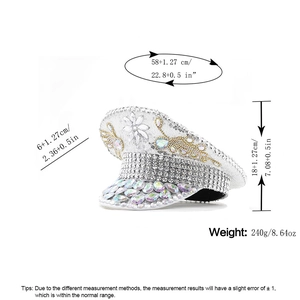 Luxury silver captain hat with white rhinestones and sequins for weddings and parties