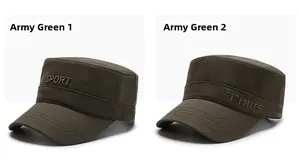 Detail view of two army green cotton cadet caps with side sport embroidery and badges