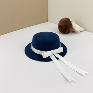 Dark blue 20cm doll uniform hat with white bow and streamers in academic JK style